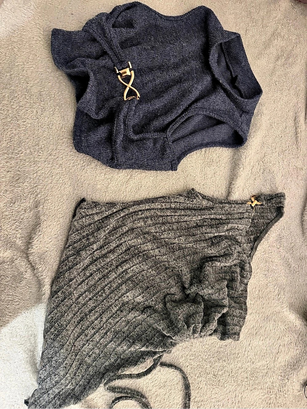 Gray Knit shrug and blue shirt with gold clasp  size small